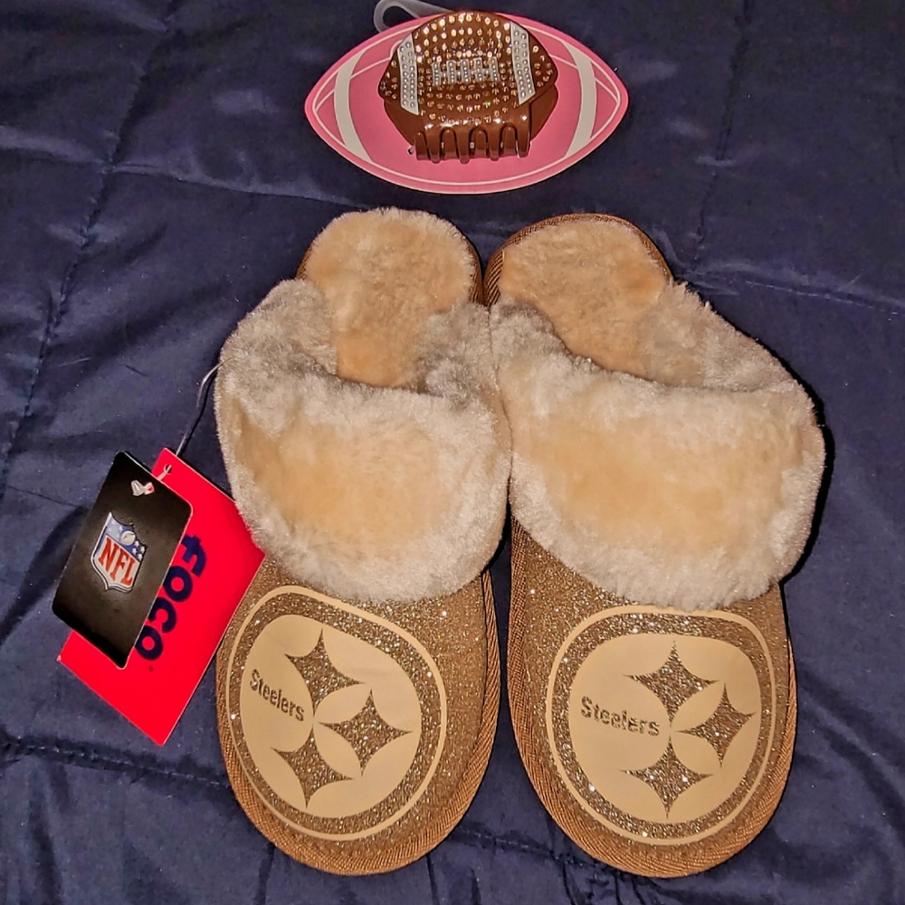 Pittsburgh Steelers Womens Glitter Open Back Fur Moccasin Slippers